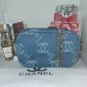 CHANEL Blue Denim CC Logo Crossbody Bag with Gold Chain